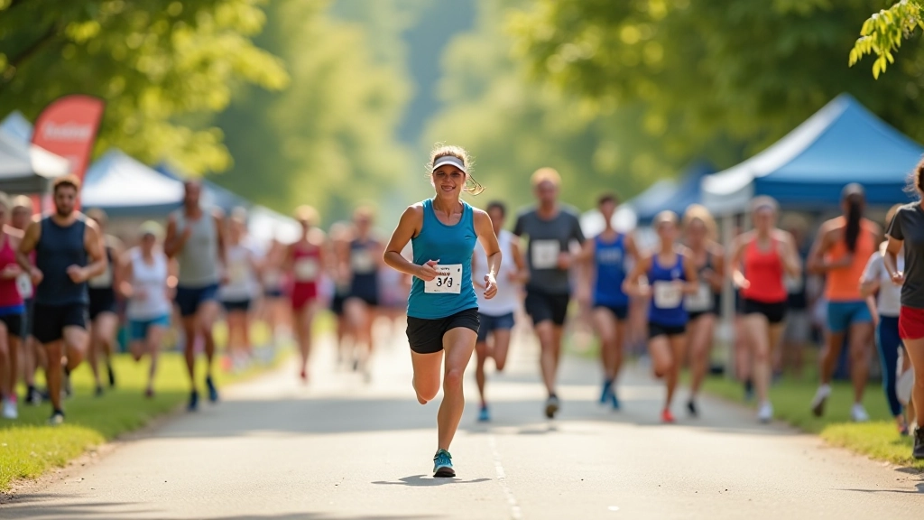 Large outdoor fitness festival with participants running and walking, event tent visible